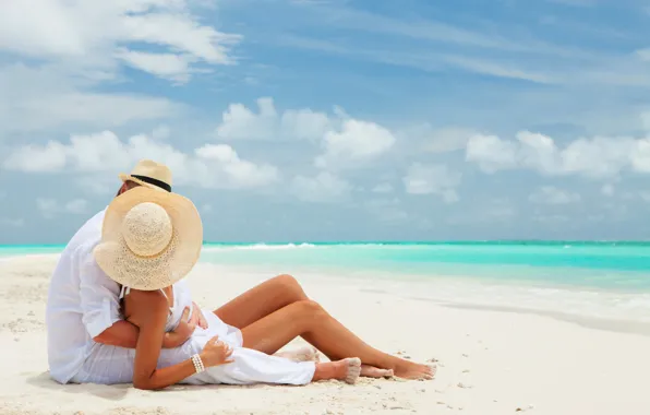 Пляж, океан, пара, двое, белый песок, couple on the beach