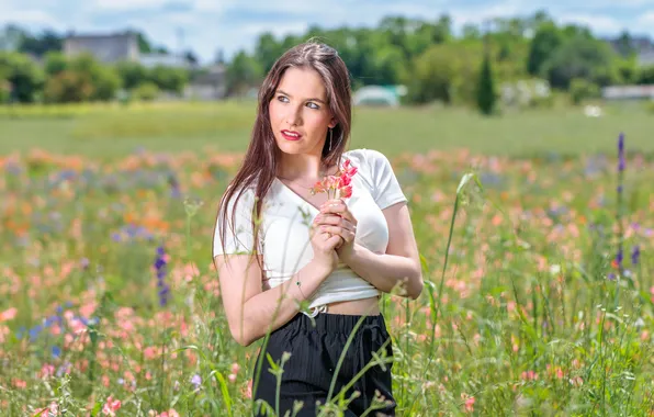 Девушка, природа, футболка, луга, букеты, Eliza