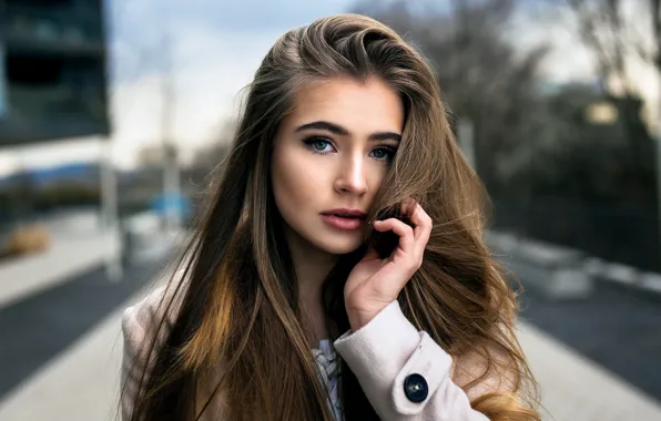 Девушка, улица, портрет, макияж, прическа, шатенка, пальто, боке