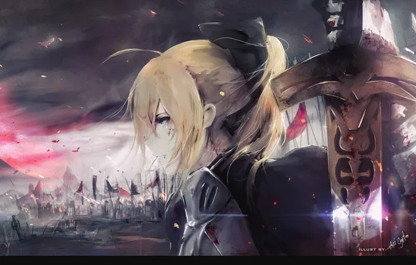 Девушка, аниме, арт, поле боя, saber, сейбер, fate/grand order