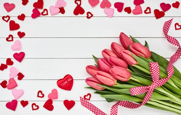 Картинка любовь, цветы, букет, сердечки, тюльпаны, love, розовые, wood