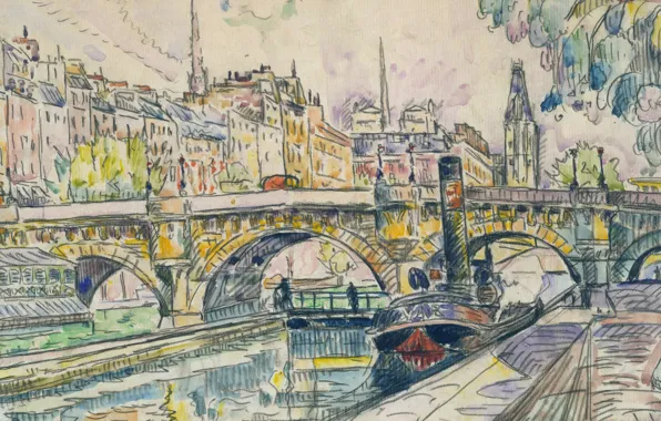 Картинка рисунок, акварель, городской пейзаж, Поль Синьяк, Буксир у Моста Пон-Нёф. Париж