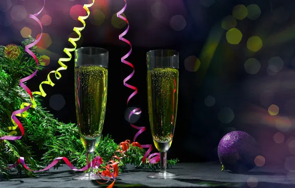 Картинка праздник, игрушка, новый год, шар, ель, ветка, бокалы, ёлка