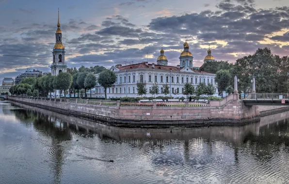 Рассвет, здания, утро, Санкт-Петербург, панорама, храм, Россия, мосты