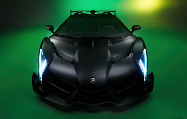 Мощь, зеленый фон, экстерьер, Lamborghini Veneno, обтекаемые формы, черный кузов