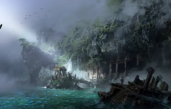 Море, город, фентези, скалы, берег, арт, ling xiang