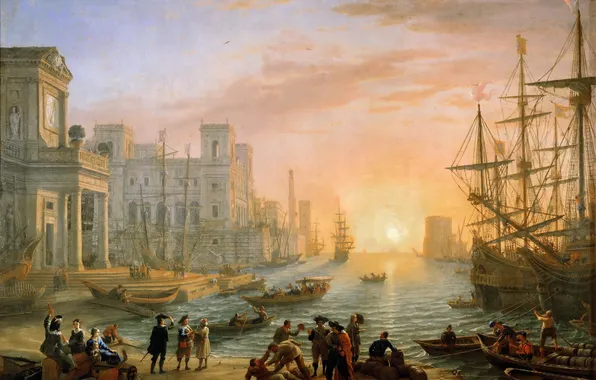 Картинка масло, картина, холст, французский живописец, Клод Лоррен, «Морская гавань при закате дня»
