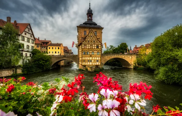 Цветы, мост, река, здание, дома, Германия, Бавария, Germany