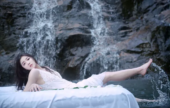 Beautiful, Asian, Model, Water, Woman, Pretty, Falls