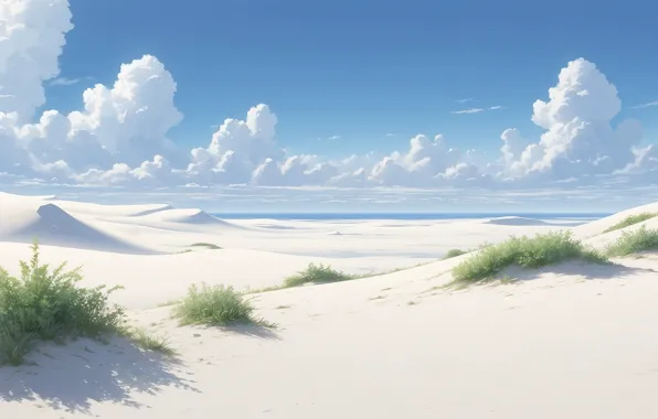 Sky, landscape, nature, anime, clouds, bushes, sand, horizon