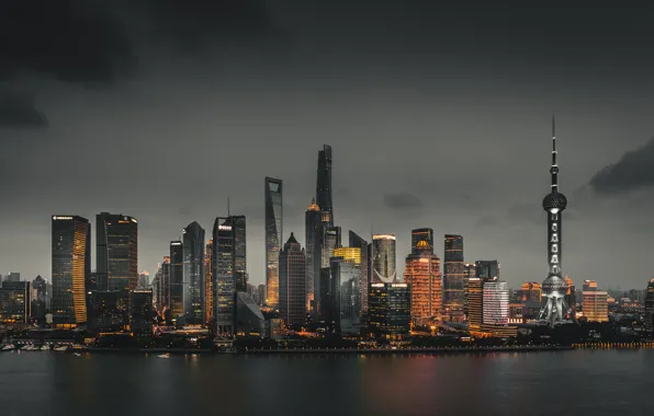 Город, огни, здания, Китай, Шанхай