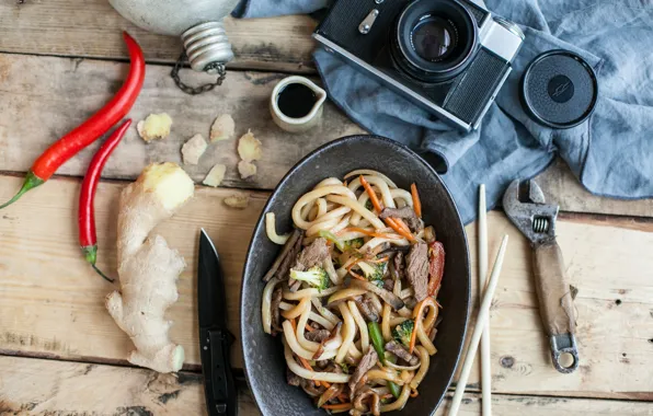 Фотоаппарат, мясо, перец, соевый соус, Лапша, Имбирь