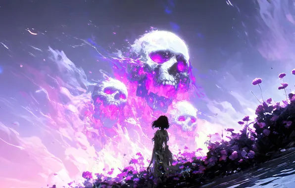 Картинка skull, flowers, purple, lone figure, AI art