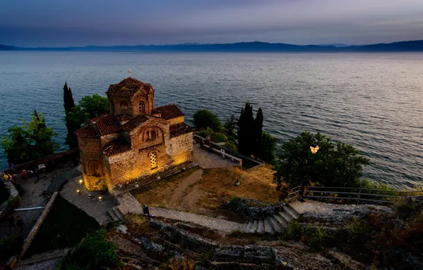 Пейзаж, природа, озеро, церковь, сумерки, Македония, Охрид