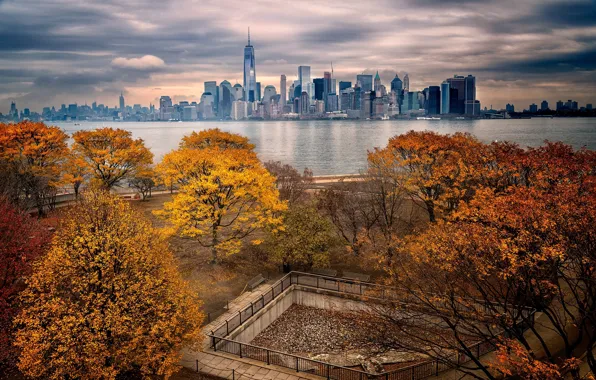 Картинка осень, парк, Нью-Йорк, небоскребы, Манхэттен