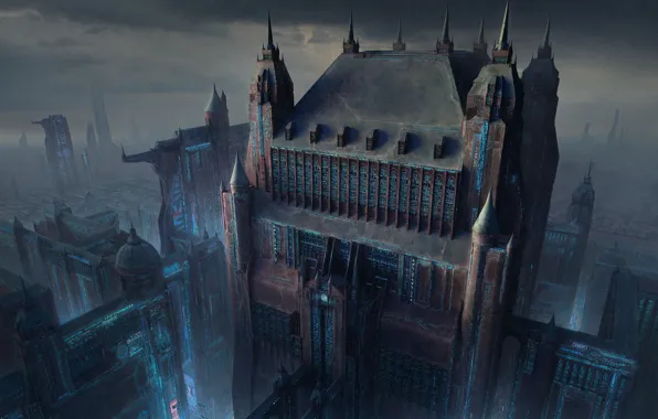 Город, Здание, City, Fantasy, Архитектура, Фантастика, Серость, Gray