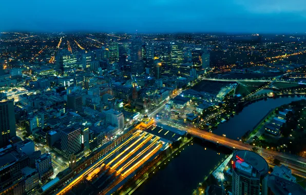 Картинка ночь, мост, огни, река, улица, панорама, собор, Melbourne