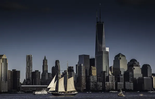 Картинка город, океан, вид, корабли, Нью-Йорк, небоскребы, панорама, USA
