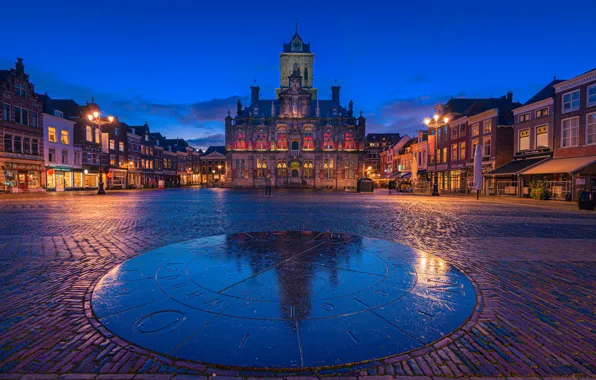 Здания, дома, площадь, Нидерланды, ночной город, ратуша, Netherlands, Delft