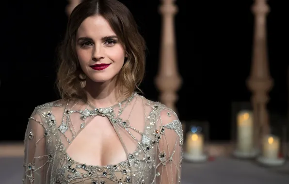 Emma Watson, Smile, Hair, Dress, blurry
