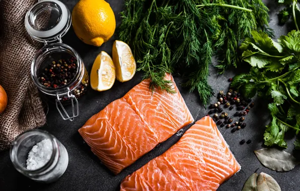 Зелень, лимон, рыба, Fish, специи, лосось