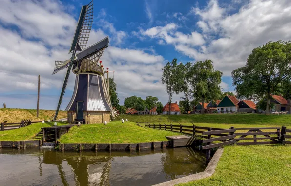 Лето, природа, дома, мельница, Нидерланды, водоем, Netherlands, Enkhuizen