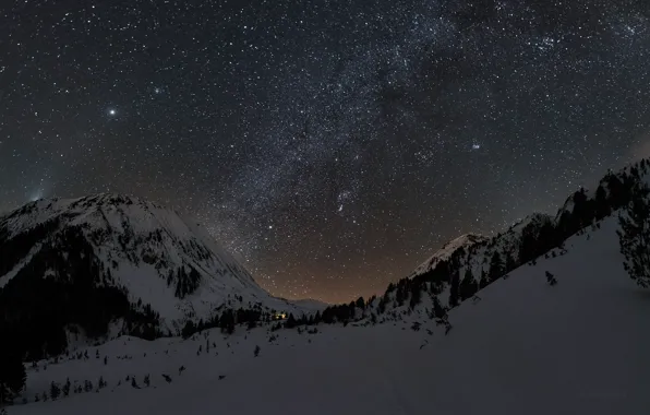 Картинка зима, небо, звезды, снег, горы, ночь, млечный путь