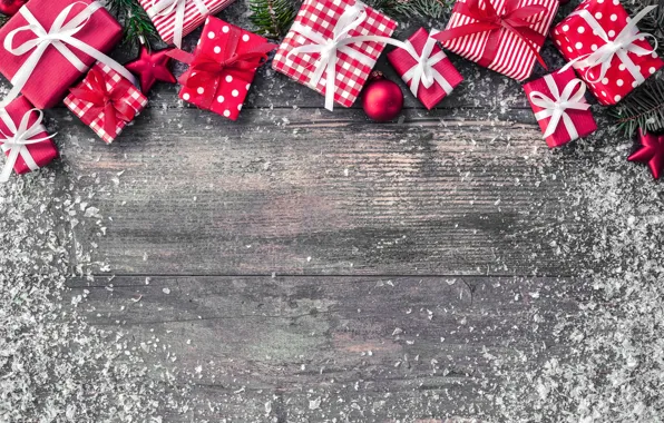 Снег, праздник, подарок, шары, доски, подарки, Новый год, звездочки