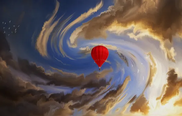 Картинка небо, облака, птицы, красный, воздушный шар, арт