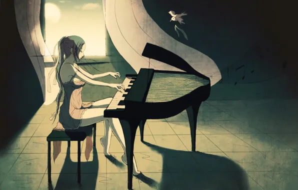 Картинка девушка, солнце, аниме, рояль, окно, арт, птичка, шторы