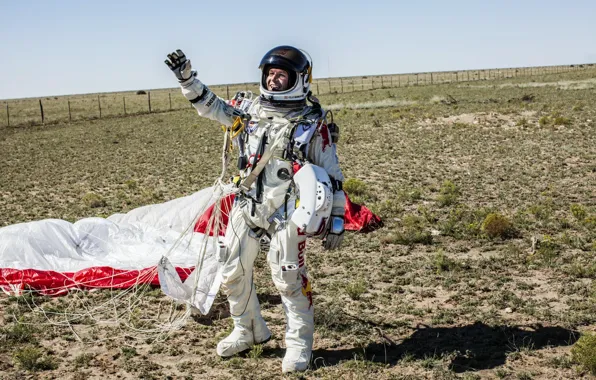 Картинка космос, спортсмен, полёт, red bull, приземление, Felix Baumgartner, red bull stratos