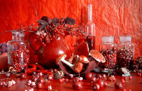 Картинка красный, ягоды, вино, грибы, натюрморт, каштан