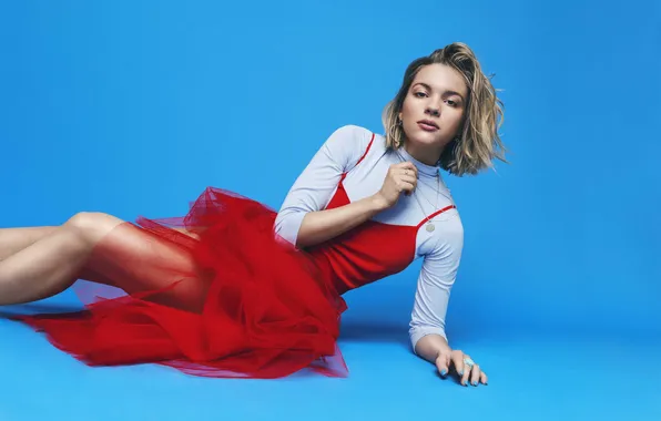 Studio, blue, women, singer, blue background, red dress, musician, looking at viewer