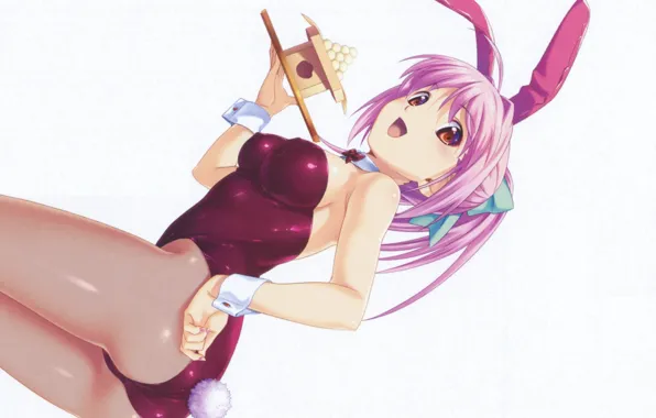 Купальник, ушки, хвостик, поднос, розовые волосы, tropical kiss, visual novel, зайчик Playboy