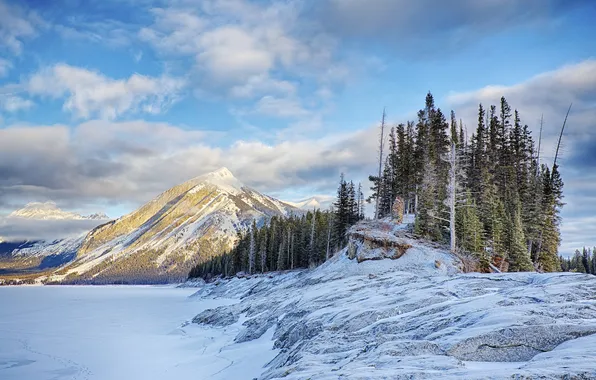 Картинка лед, зима, небо, снег, деревья, горы, озеро, скалы