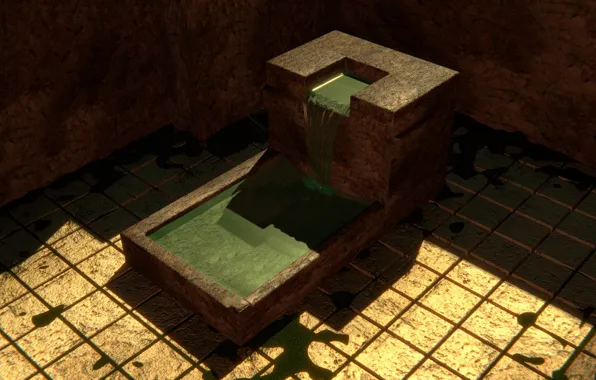 Вода, ручей, камень, двор, угол, мегалит, blender3d