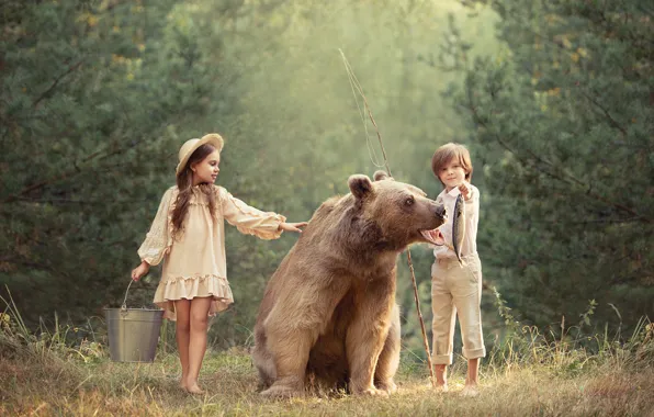 Картинка мальчик, медведь, девочка