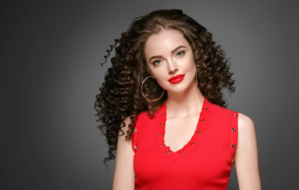 Девушка, лицо, макияж, брюнетка, красное платье, локоны, фотомодель, Ryabusjkina Irina