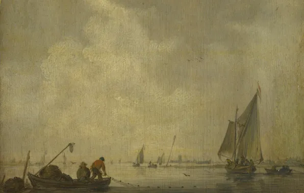 Пейзаж, картина, Jan van Goyen, Ян ван Гойен, Речная сцена с рыбаками убирающими сеть