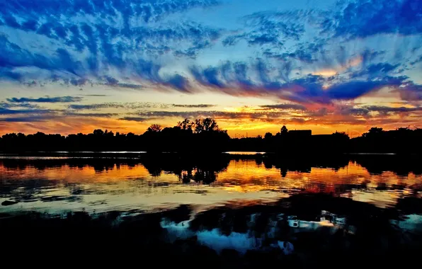 Sky, sunset, clouds, lake