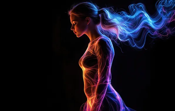 Картинка light, lines, female, silhouette, profile, neon