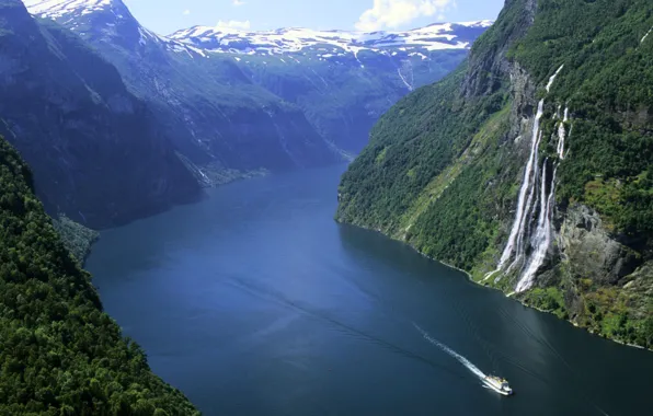 Картинка лес, снег, горы, водопад, Норвегия, катер, фьорд
