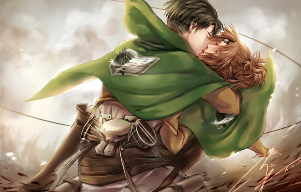 Поцелуй, аниме, арт, Shingeki no Kyojin, Атака титанов, Вторжение гигантов, Ханджи Зоэ, Леви
