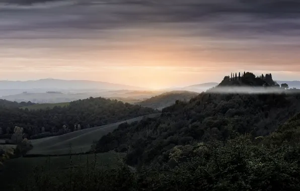 Картинка природа, туман, утро, Италия, Toskana charm