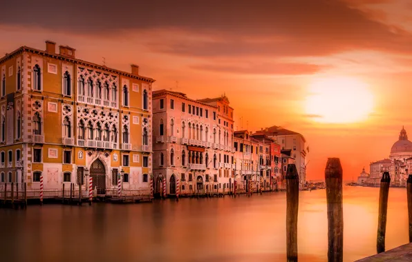 Дома, вечер, Италия, Венеция, собор, канал, санта-мария-делла-салюте