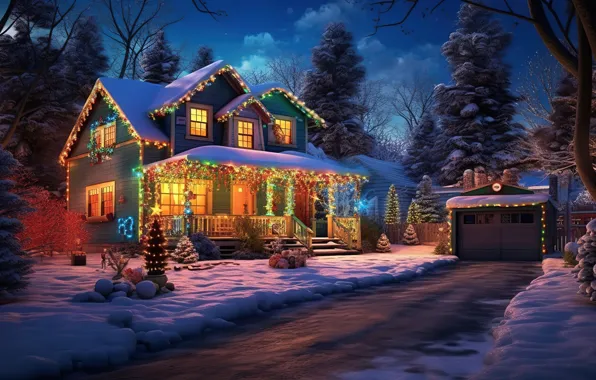 Новый Год, snow, зима, lights, Christmas, ночь, night, decoration
