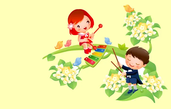 Картинка цветы, музыка, тепло, настроение, вектор, весна, мальчик, арт