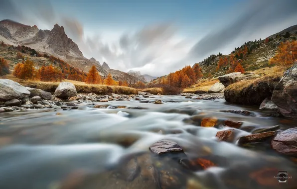 Картинка осень, горы, река, камни, Альпы, потоки