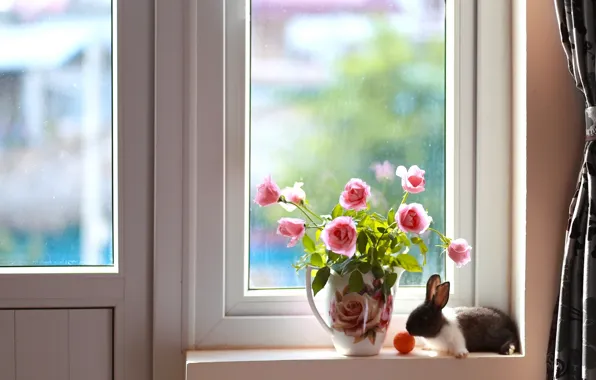 Картинка розы, букет, кролик, окно, кувшин