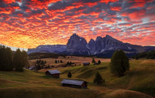 Картинка пейзаж, закат, горы, природа, дома, деревня, Альпы, Италия